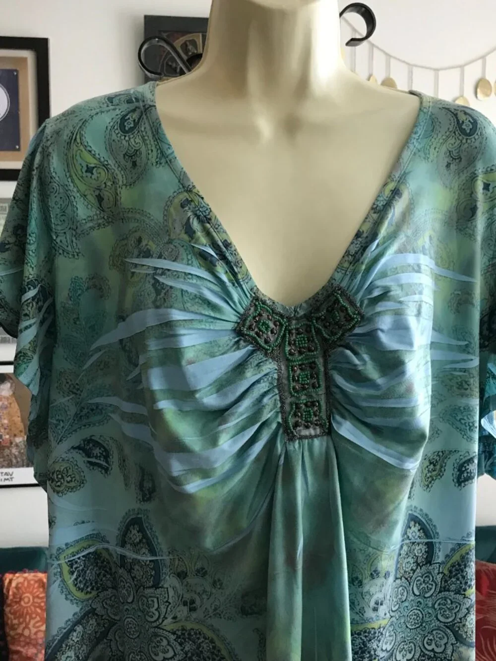LIVE AND LET LIVE size 3X Green & Blue Sublimation Paisley Beaded Tunic Top